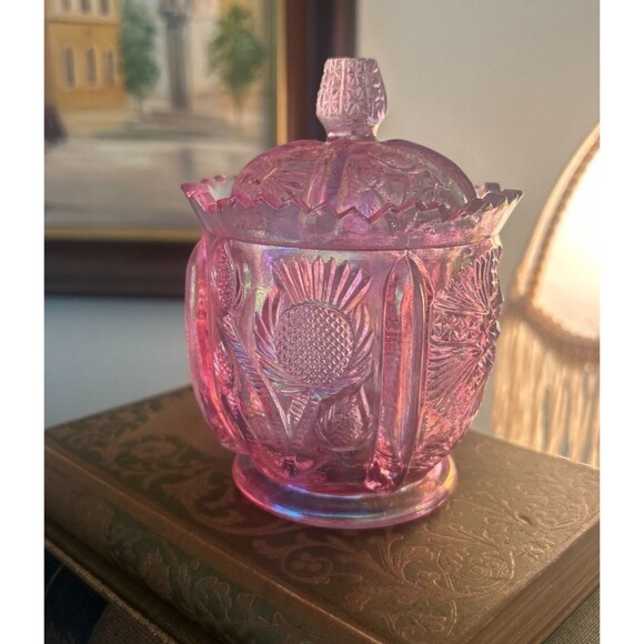 Fenton Other - Fenton Iridescent Dusty Rose Cactus Pattern Glass Lidded Jar